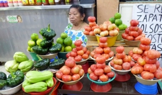 woman amid her carefully stacked vegetables and fruit - Merida, Mexico