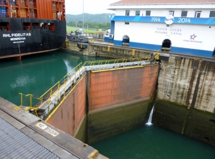 Lock gates closed - note the different water levels - Panama Canal