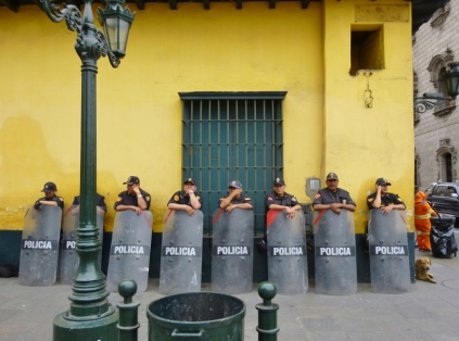 Police Barricade - in anticipation of a demonstration in Lima, Peru