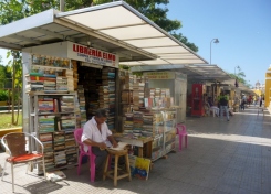 used books on sidewalk in park in Barrio Getsemani, Cartagena, Colombia
